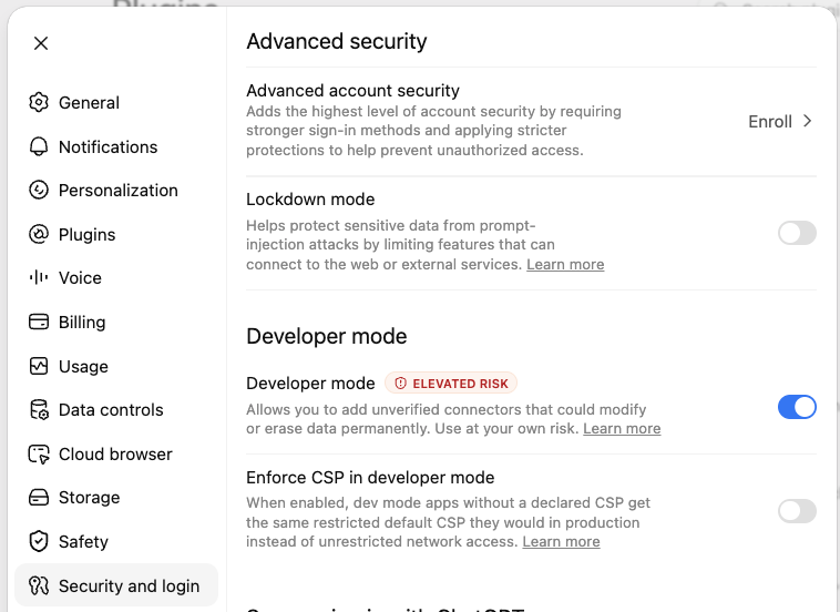 ChatGPT Advanced security settings with the Developer mode toggle enabled