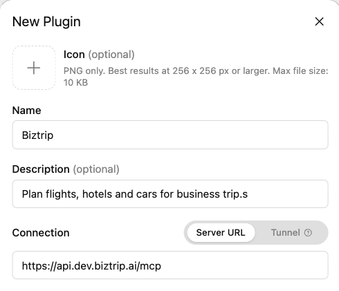 ChatGPT New Plugin dialog configured with the Biztrip MCP URL
