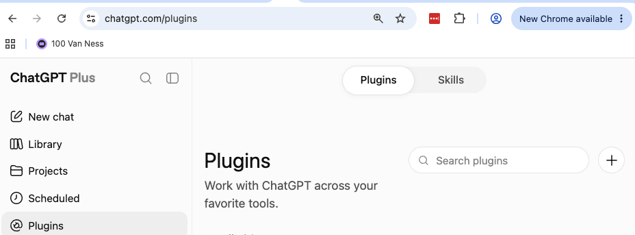 ChatGPT Plugins page with the plus icon next to the search box