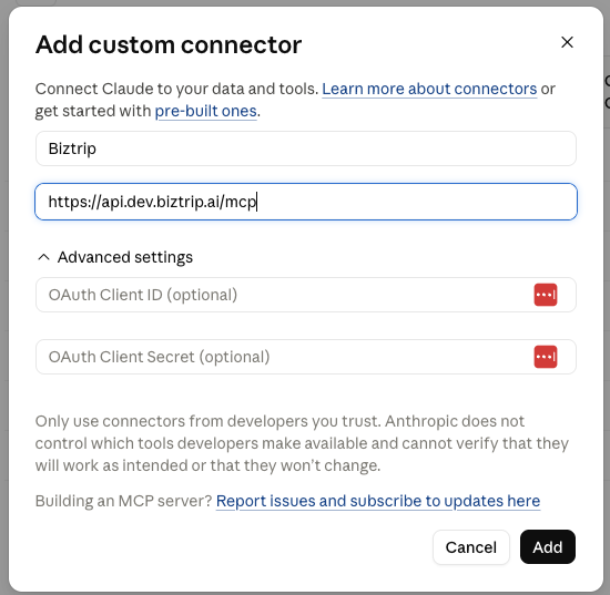 Add custom connector dialog with the BizTrip MCP URL filled in